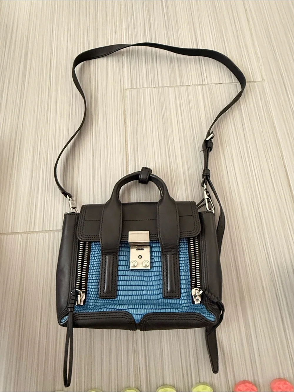 3.1 Phillip Lim Black/Blue Croc Embossed Leather Mini Pashli Satchel
